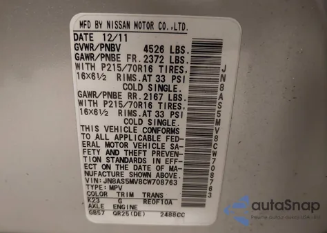 2012 Nissan Rogue S z USA, uszkodzony, nr VIN JN8AS5MV8CW708763